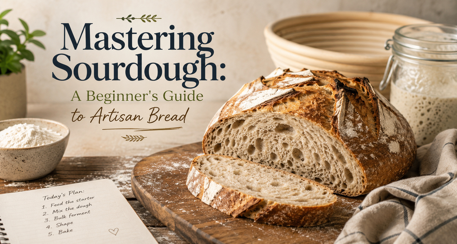 A beautiful, freshly baked sourdough loaf with a golden-brown, crispy crust and an open, airy crumb, resting on a cooling rack.