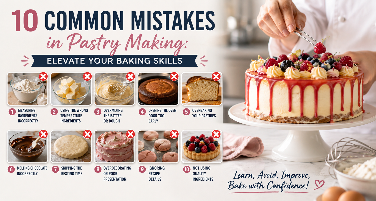 Assortment of delicious, perfectly baked pastries, including croissants, tarts, and cakes, on a wooden table, symbolizing successful pastry making.