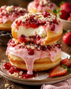 Strawberry Cream Filled Doughnuts with Pink Glaze