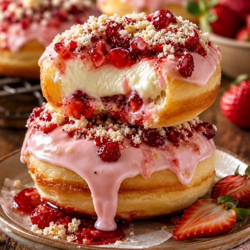 Strawberry Cream Filled Doughnuts with Pink Glaze