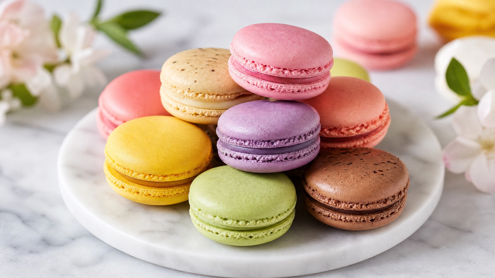 A colorful assortment of perfectly baked French macarons