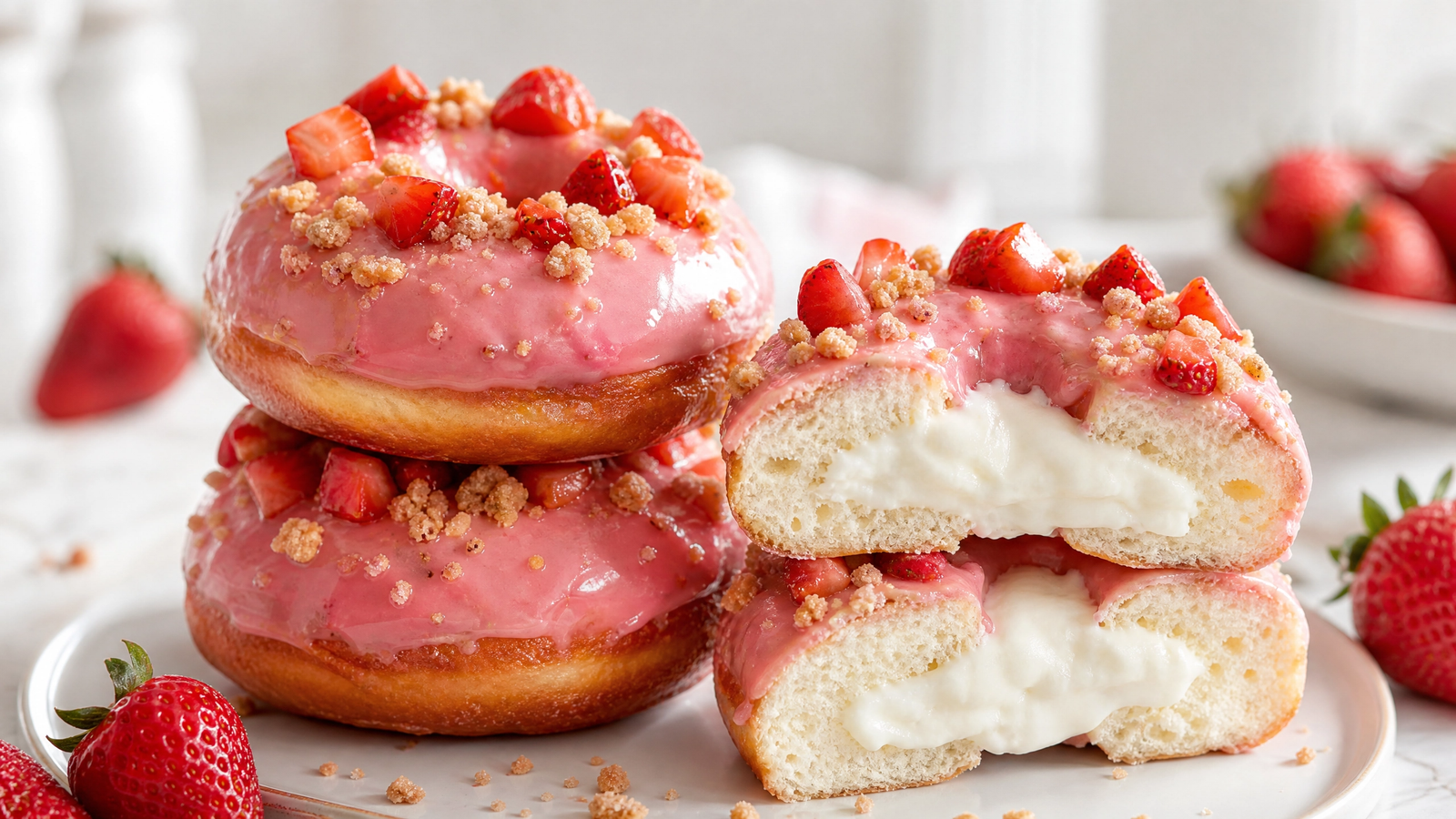 Strawberry cream filled doughnuts with pink glaze, fresh strawberry pieces and buttery crumble topping on a white plate