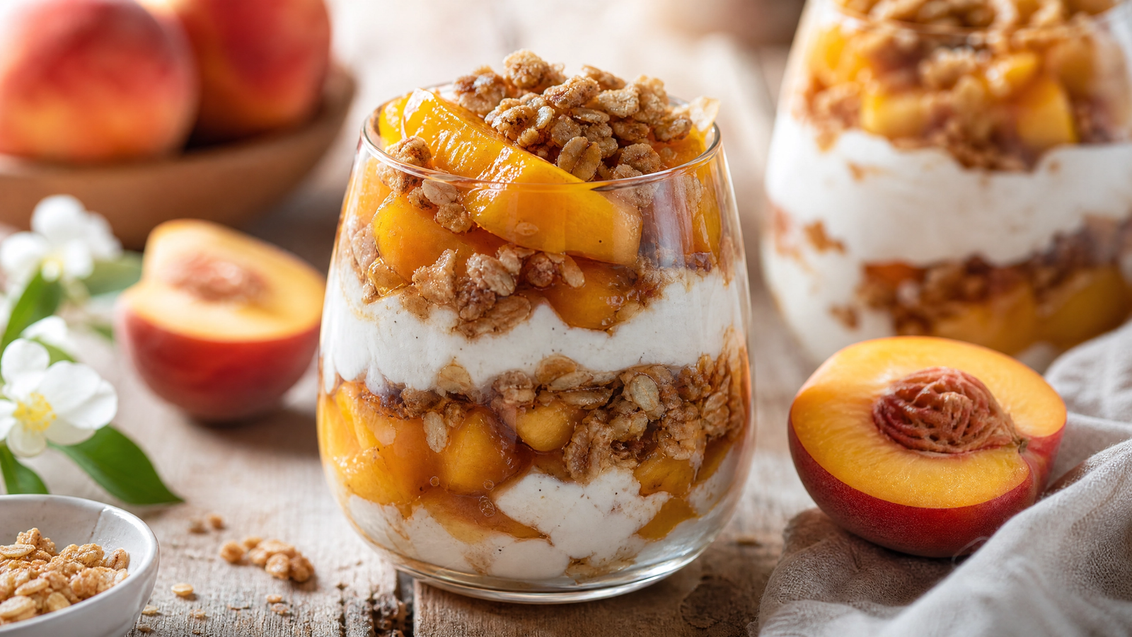 Peach Crisp Parfait with layers of cinnamon-spiced peaches, creamy vanilla filling, and crunchy oat crumble
