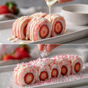 Drizzling melted white chocolate and sprinkling coconut over strawberry sushi rolls