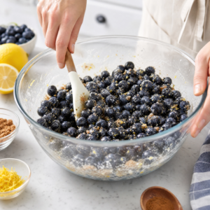A slice of fresh blueberry crumble pie with a juicy purple filling