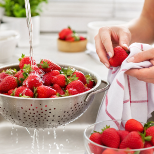 Fresh red strawberries being washed and dried with a kitchen towel