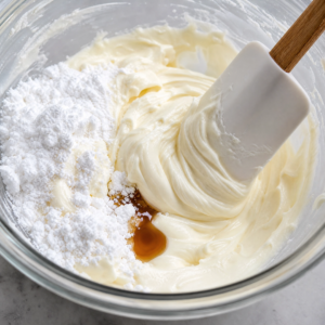 Creamy white filling being mixed with vanilla and powdered sugar in a glass bowl