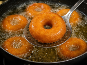 Frying golden-brown doughnuts in a deep pan of oil