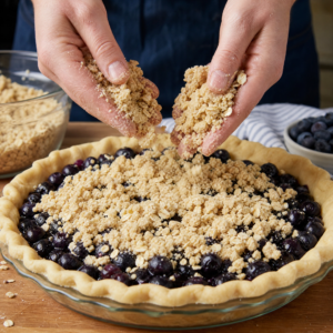Hands sprinkling the buttery oat crumble topping evenly over the blueberry pie filling