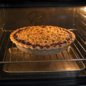 Blueberry crumble pie baking in the oven with bubbling fruit filling and a golden-brown crust