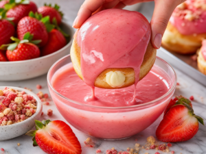 Dipping a filled doughnut into glossy pink strawberry glaze