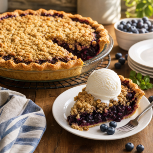 A freshly baked blueberry crumble pie on a cooling rack with a served slice topped with vanilla ice cream