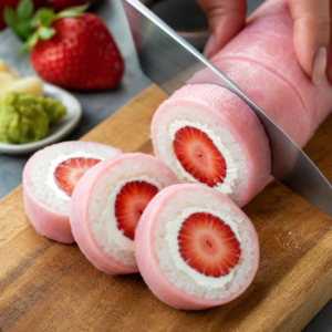 A sharp knife slicing the chilled strawberry sushi roll into neat pieces