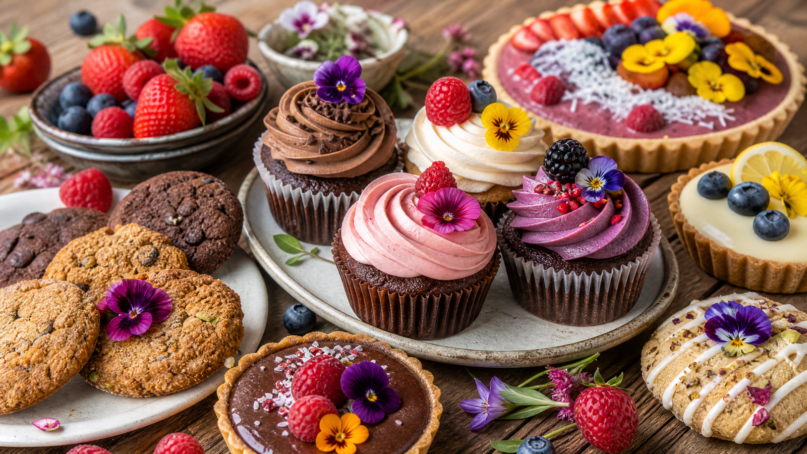 A vibrant assortment of delicious vegan desserts, including cupcakes, cookies, and tarts, beautifully arranged on a rustic wooden table.