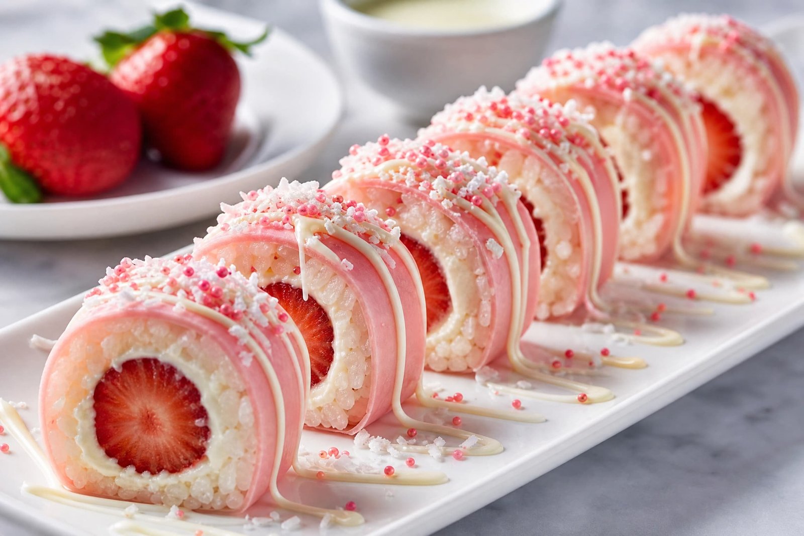 Strawberry dessert sushi rolls sliced on a white board showing layers of cream cheese filling and fresh strawberries